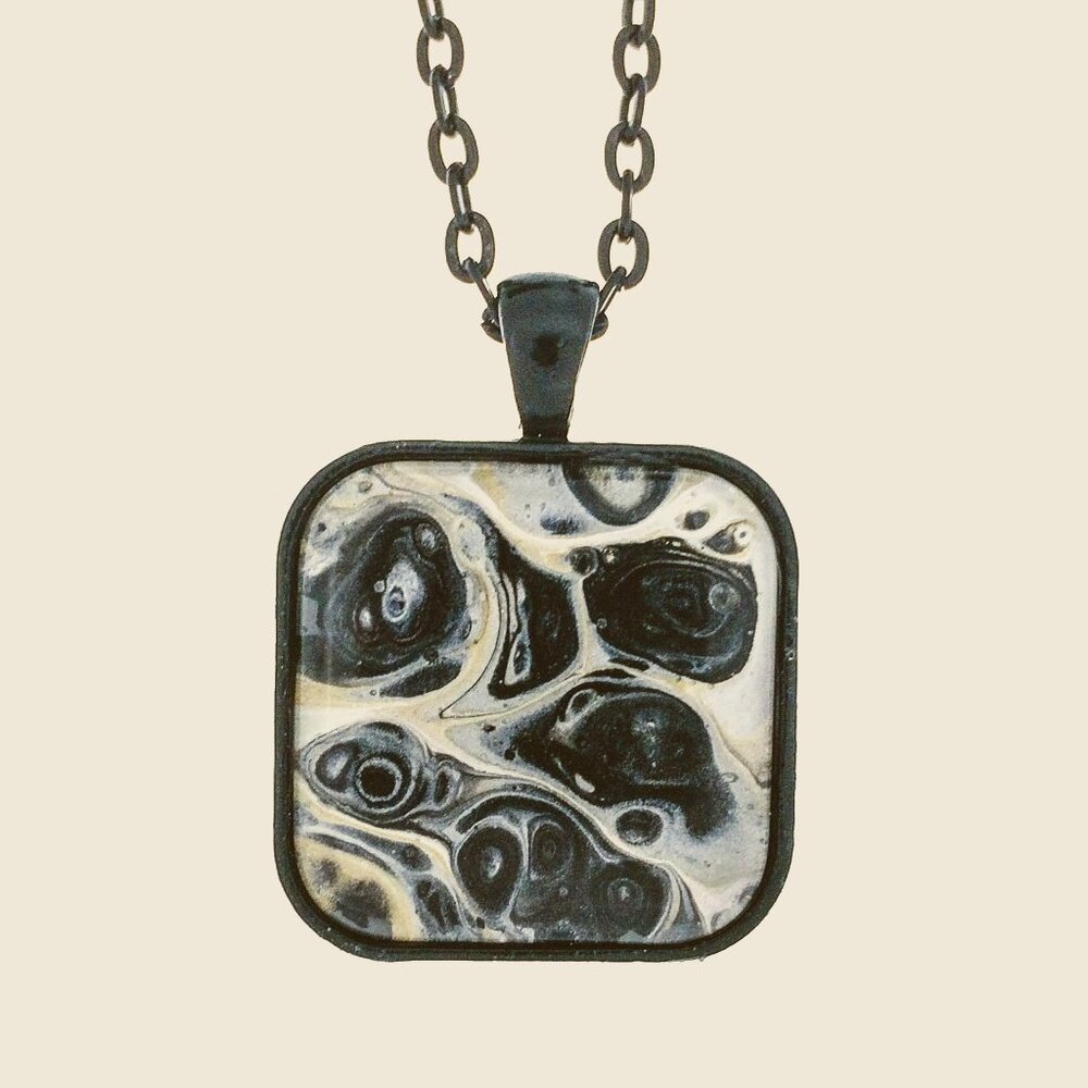 Handmade Abstract Fluid Art Pendant in Black & Silver Tones